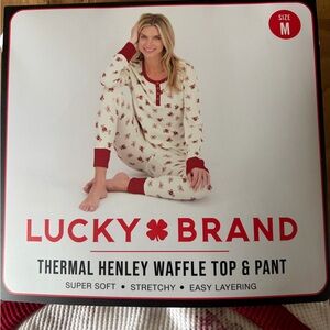 Lucky Brand Cream Thermal Henley Waffle Top & Pant Pajama Set with Red Trim